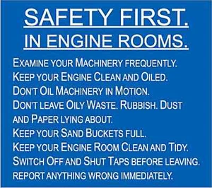 Safety First In Engine Rooms enamelled steel wall sign 180mm x 160mm (dp) - Picture 1 of 1