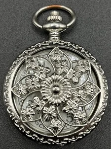 Vintage Pocket Watch Floral Snap Closure Silver In Color Works Great #361 - Picture 1 of 5
