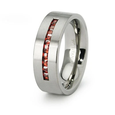 Anillo banda de titanio de 8 mm para hombre segmento de circonita roja alto pulido ajuste cómodo Foto 1 de 2