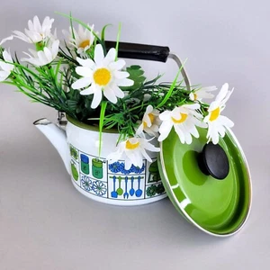 Mod Vintage Enamel Teapot with Green and Blue Kitchen Design - Picture 1 of 8