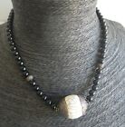 VINTAGE BLACK ONYX BEADED NECKLACE WITH CAPPED GEMSTONE STERLING SILVER