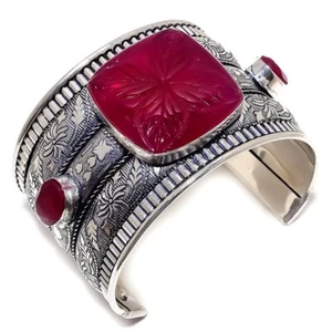 Carved Ruby Gemstone Handmade Lab CreatedCuff Bracelet - Picture 1 of 5