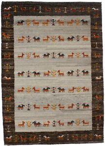 Brown Border Indo-Gabbeh 4X6 Tribal Pictorial Style Handmade Oriental Rug Carpet