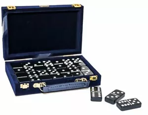 Double Six Professional Jumbo Size Dominoes Set Black, Blue Velour Attaché Case - Picture 1 of 4