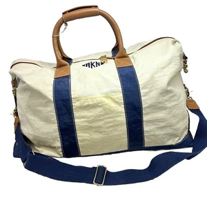 J McLaughlin Duffle Bag Large Weekender Cape Cod weiß blau hellbraun Leder Nylon - Bild 1 von 24