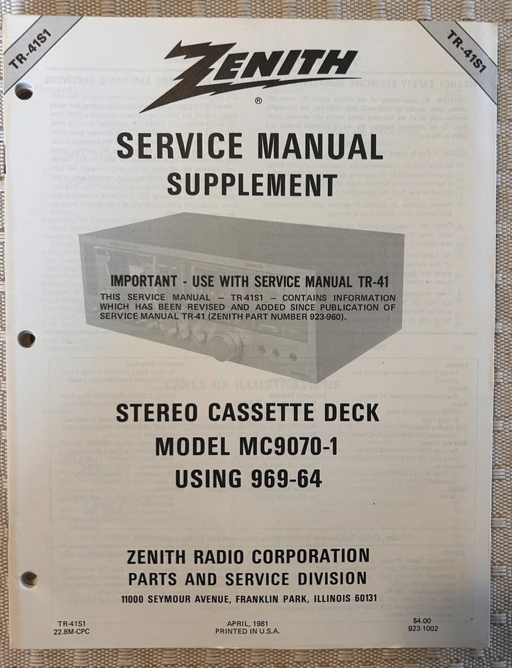 Apr/81 Zenith Models MC9070-1 USING 969-64 Stereo Cassette Deck Service   Manual - Image 1 of 1