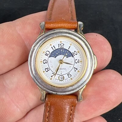 VINTAGE GOLD PLATED MOON PHASE LADIES QUARTZ WATCH (untested) - Image 1 of 4