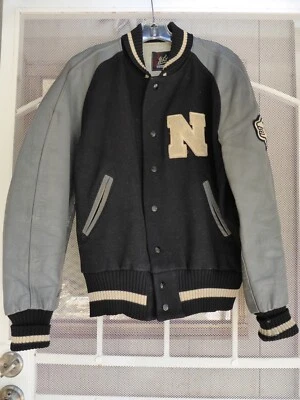 1960's Vintage Whiting Letterman Varsity Jacket "N" grey, black,  Size 44, wolf - Image 1 of 4