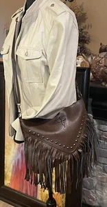 Braun Fransen Umhängetasche Schultertasche Retro ~ Schädelkreuz vorne böhmisch - Bild 1 von 9