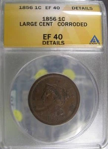 1856 Braided Hair Large Cent, ANACS Graded Extra Fine 40 Details - Picture 1 of 4