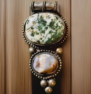 Handcrafted MOSS AGATE/DRUZY AGATE Sterling Silver Tiered Multi Gemstone Pendant - Picture 1 of 10