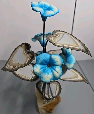 Vintage Brutalist MCM Metal Leaves Blue Flowers Sculpture Copper Brass Tone Chip - Image 1 of 4
