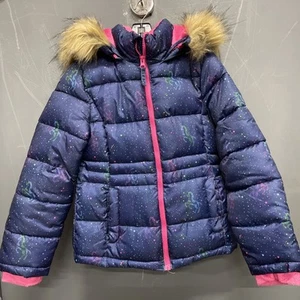 SO Girls Rainbow Unicorn Navy Blue Puffer Jacket Size 7/8 - Picture 1 of 6