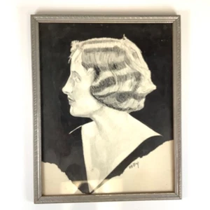 Original Art Deco Bleistift/Kohle Kunst Zeichnung Portrait signiert HD Mai + Deko Rahmen - Bild 1 von 6