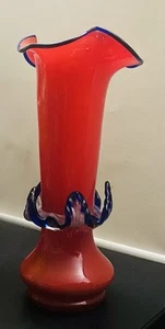 Vintage Bright Red Tango Vase w/ Cobalt Blue Glass Edging. Collectable - Picture 1 of 6