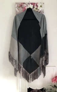 Vera Pelle Grey Mix Leather Suede Patchwork Fringed Poncho Fringed, UK Size 10 - Picture 1 of 14