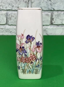 Vintage Square Fine China 6" Porcelain Pink Vase w/Purple Iris & Gold Trim - Picture 1 of 11