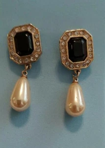  VINTAGE RÖMISCHE Ohrringe Strass + Faux Onyx + Träne Kunstperlen durchbohrt   - Bild 1 von 7