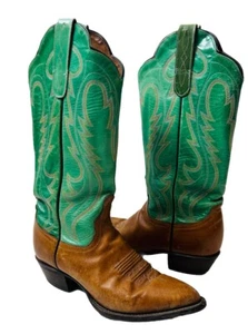 Vintage 80s Two Tone Leather Turquoise Cowboy Western Boots Womens 8 USA - Picture 1 of 11