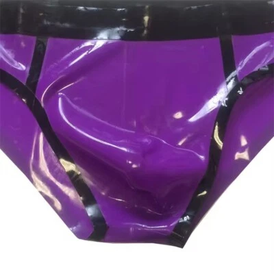 Men Latex Briefs Purple with Black Trims Shorts Rubber Underwear - Image 1 of 4