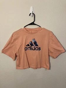 Adidas Top Shirt Womens Extra Small Peach Blue Spell Out Logo Short Sleeve - Picture 1 of 9