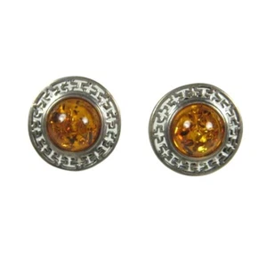 JD signierte Vintage Sterlingsilber baltischer Bernstein Ohrclips rund aufwendig - Bild 1 von 8