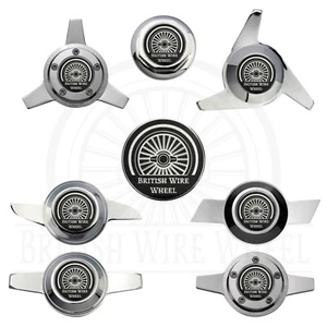 British Wire Wheel Chrome & Black Wheel Chip Emblems with Spinner Caps, Set of 4 - Picture 1 of 70