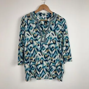 Chico's Women's 100% Linen Printed 3/4 Sleeve Shirt Beaded Split Neck Size 3/XL - Picture 1 of 5