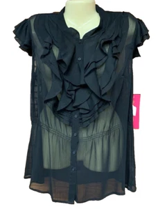 SUNNY LEIGH L MUJER BLUSA TOP NEGRO TRANSPARENTE CON VOLANTES MANGAS GORRA DELANTERA NUEVA + ETIQUETA - Imagen 1 de 10