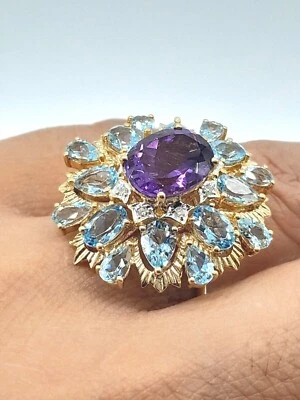 Vintage hallmarked 14k Amethyst Aquamarine Diamond cluster huge ring 9.5g Lknew - Imagem 1 de 4