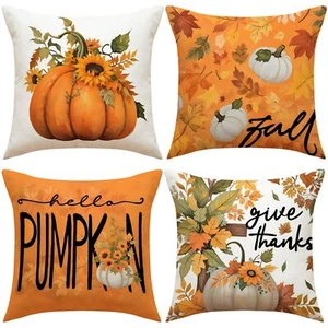 4 PCS Orange Autumn Pillow Covers Maple Leaf Pumpkin Sofa Cushion Covers - Picture 1 of 9