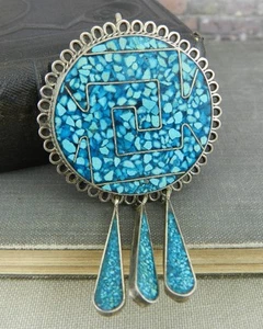 Vintage Mexico 925 Sterling Silver Inlaid Crushed Turquoise Fringed Pin Pendant - Imagen 1 de 7