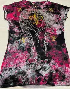Wings Fleur Magenta Black Tie-Dye Rhinestone Sublimation Cap Sleeve Tee Top XL - Picture 1 of 2