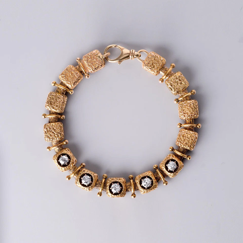 Brazalete de eslabones cubo de diamantes talla europea antiguo TW de oro de 14 quilates de 1,50 quilates vintage Foto 1 de 1