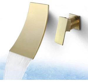 Grifo de bañera de cascada SKOWLL grifo de bañera de montaje en pared amplio - dorado cepillado - Imagen 1 de 8