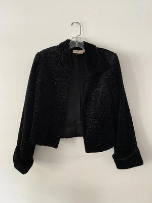 Vintage 1990s Black Cropped Faux Fur Jacket Medium Wide Cuff - Image 1 of 4
