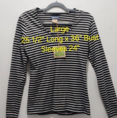 NWT ESPRIT Women's L Long Sleeve Blouse Striped Cosmic Silver & Black Tunic CUTE - Image 1 of 4
