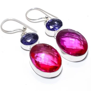 Bi-Color Tourmaline, Tanzanite Gemstone 925 Sterling Silver Jewelry Earring 2.1" - Picture 1 of 5