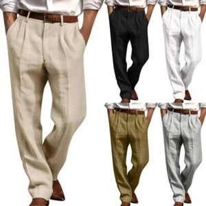 Mens Cotton Linen Loose Pants Summer Casual Baggy Solid Color Long Trousers US - Picture 1 of 29