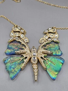 Alexis Bittar Gold Tone Irridescent Turquoise Crystal Butterfly Necklace - Picture 1 of 9