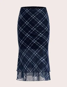 Womens Size 12-14 UK Navy Plaid Fitted Midi Bodycon Skirt Mermaid Trumpet Hem L - Picture 1 of 4