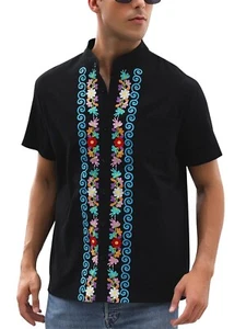 Mexican Men's Guayabera Shirt Short Sleeve Elegant Black Embroidery Size M - Picture 1 of 5