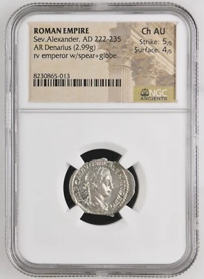 Roman Empire Sev. Alexander AD 222-235 AR Denarius (2.99g) rv emperor NGC Ch AU - Image 1 of 4