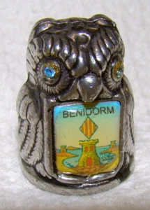 THIMBLE Rare # 3D BLUE Glass EYE Metal Thimble Hat BENIDORM OWL Bird EUL Souvenir - Picture 1 of 6