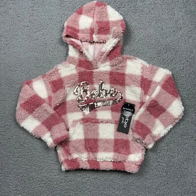 Girls Sweatshirt Small 4 bebe Long Sleeve Hooded Pink Logo Fuzzy Fleece NWT - Imagem 1 de 4