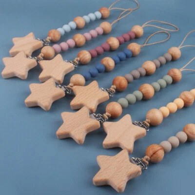 Baby Silicone Dummy Clips with Wooden Beads Soother Pacifier Chain Strap Holder - Image 1 of 4