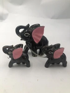 Vintage Ceramic Elephant Mother and Two Babies with Chain Japan Black Pink - Picture 1 of 13