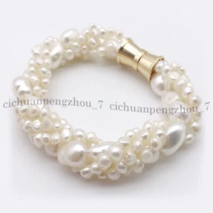 4 Strands Natural White Freshwater Baroque Pearl Bracelet 7-9.5'' 5-6mm 9-10mm - Picture 1 of 12