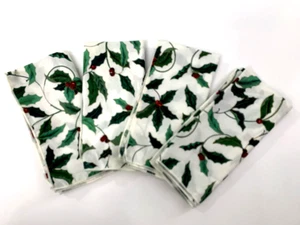 4er Set Weihnachten Leinen Stoffservietten Stechpalmenblätter 17" Quadratisch Weiß Rand - Bild 1 von 4