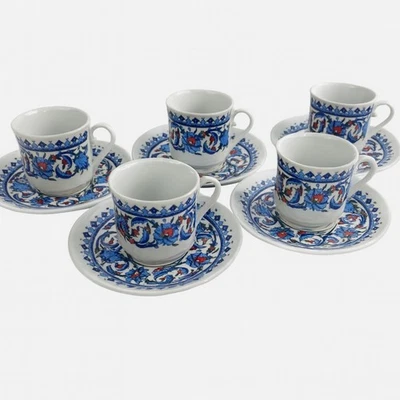 Set of 5 Sema Porselen Kutahya Turkish Coffee Cups & Saucers Floral Blue Red - Image 1 of 4